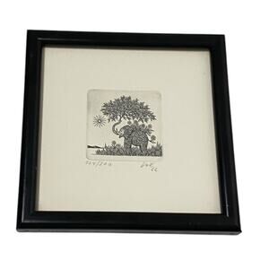 Elephant Etching Signed Vintage Limited Edition 4.75" x 4.75" Framed Decor